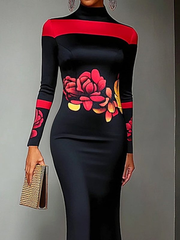Flower Print Bodycon Long Sleeves High Neck Midi Dresses