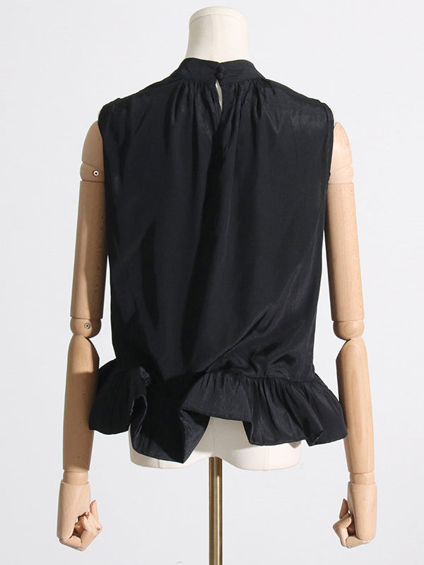 Pleated Ruffled Solid Color High Waisted High-Low Mock Neck Two Pieces Set