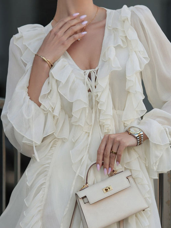 Ruffle Trim Solid Color Tied A-Line High Waisted V-Neck Mini Dresses