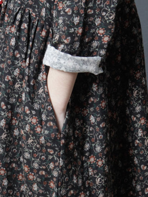 Vintage Floral Stand Collar Midi Dress