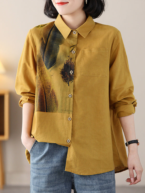 Contrast Color Feathers Printed Long Sleeves Loose Lapel Blouses