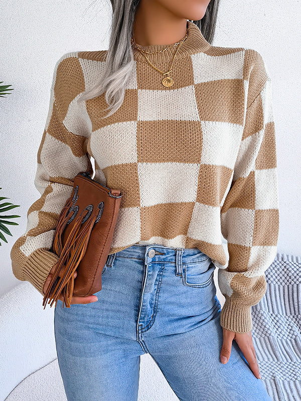 Contrast Color Plaid Long Sleeves Loose Round-Neck Sweater Tops