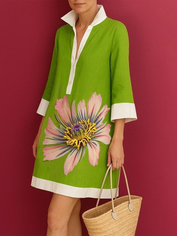 Buttoned Contrast Color Flower Print Loose Three-Quarter Sleeves Lapel Mini Dresses