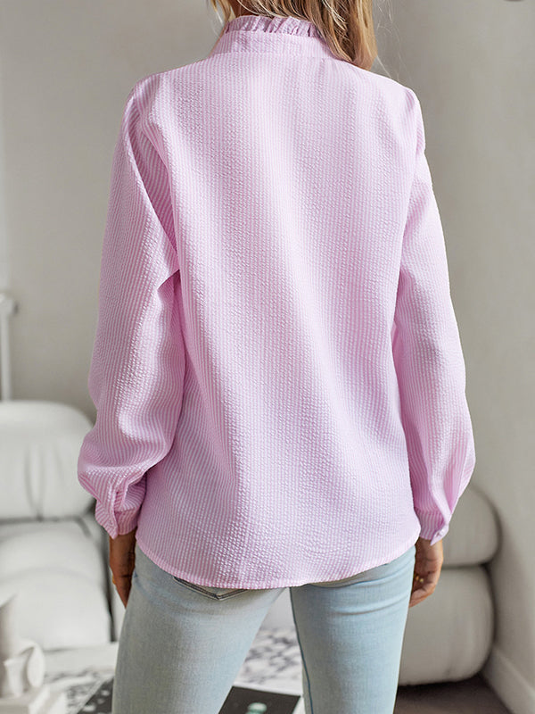 Asymmetric Buttoned Ruffled Striped Long Sleeves Mock Neck Blouses&shirts Tops