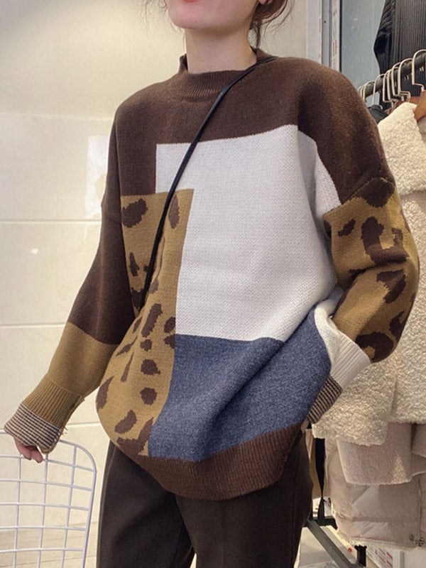 Original Contrast Color Leopard Round-Neck Long Sleeves Sweater Top