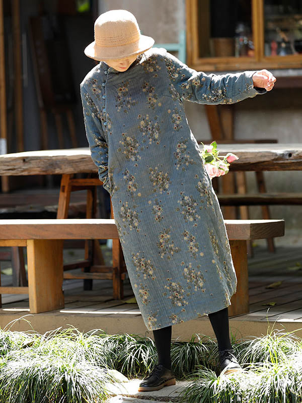 Vintage Loose Printed Keep Warm Velvet Midi Dress Long Cheongsam