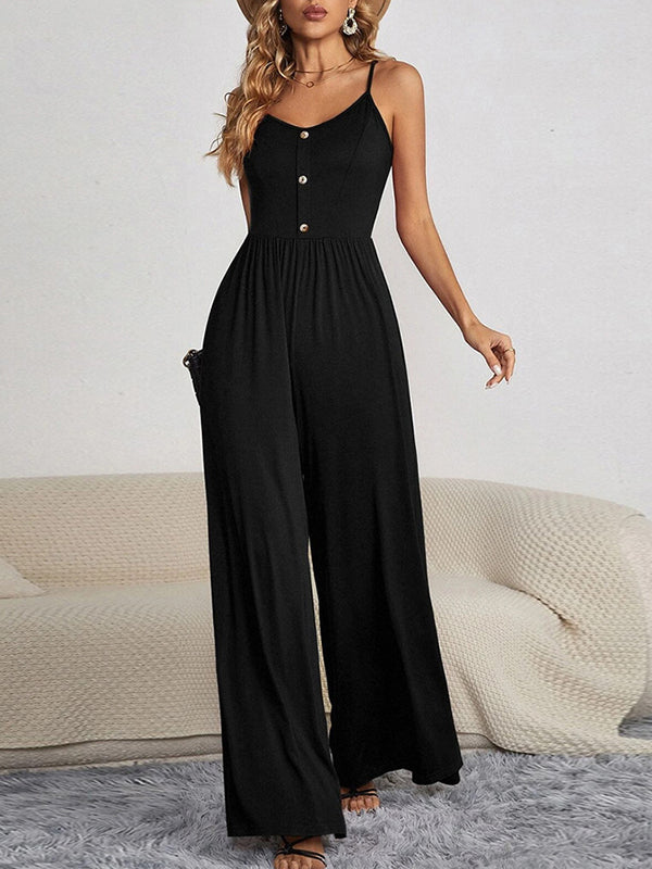 Pleated Split-Joint Sleeveless Wide Leg Spaghetti-Neck Jumpsuits