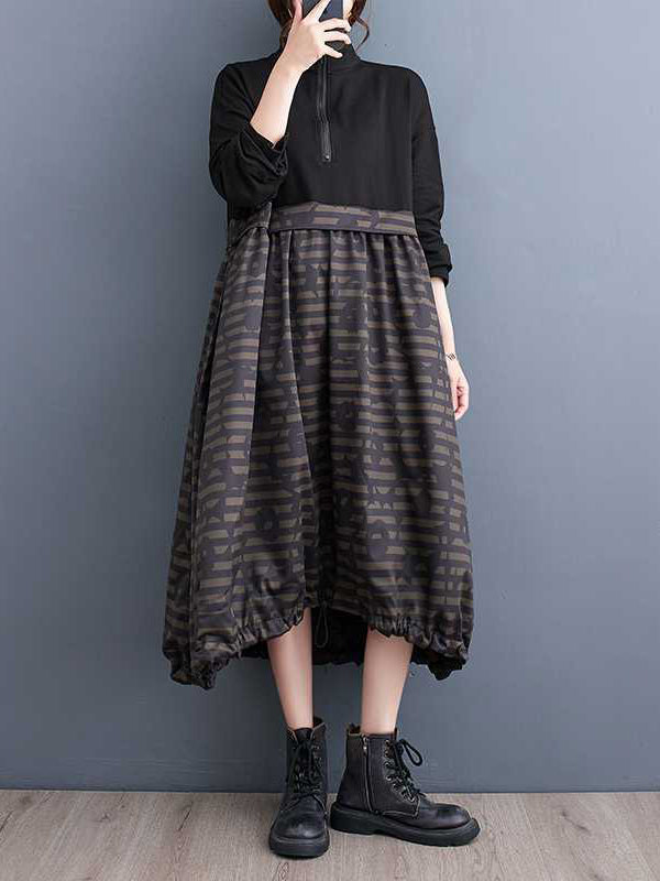 Drawstring Printed Split-Joint Zipper Long Sleeves Loose Midi Dresses