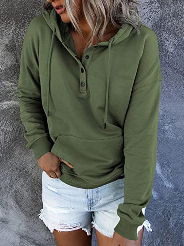 Drawstring Pockets Split-Joint Long Sleeves Loose Hooded Hoodies Tops