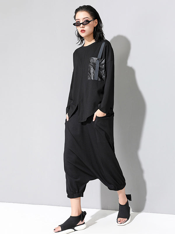 Loose Long Sleeves Split-Front Round-Neck T-Shirts Tops