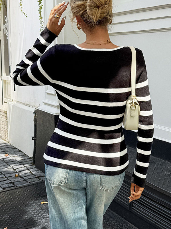 Buttoned Contrast Color Split-Joint Striped Long Sleeves Skinny Round-neck Outerwear Cardigan Tops