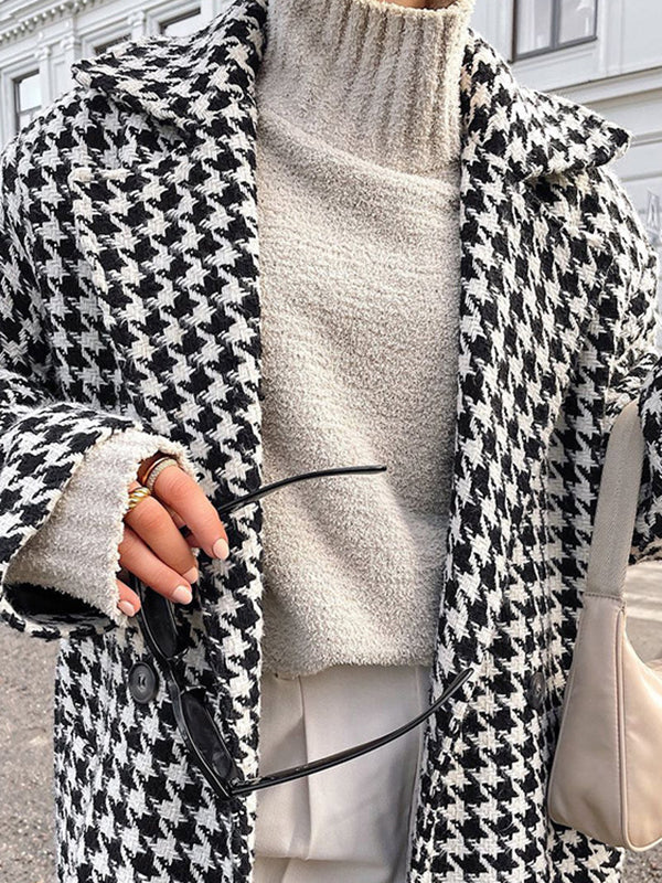 Houndstooth Split-back Split-Joint Tied Waist Long Sleeves Loose Lapel Trench Coats