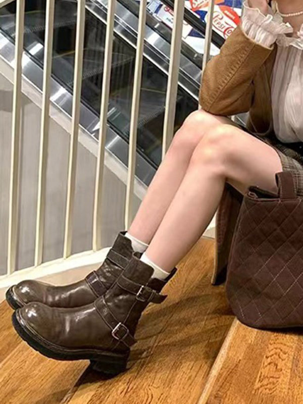 Belt Buckle Round-Toe Split-Joint Zipper Boots