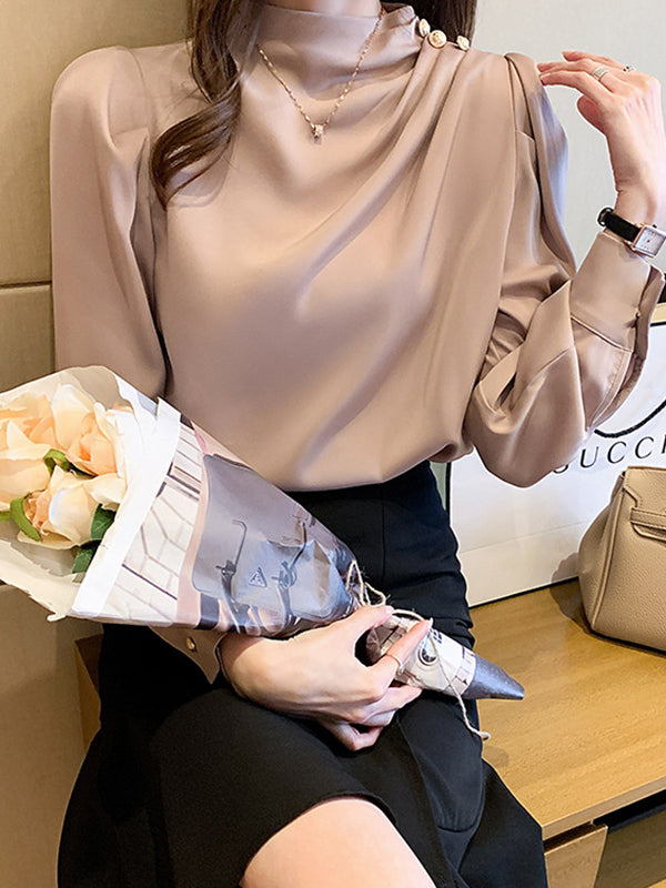 Pleated Split-Joint Loose Puff Sleeves High Neck Blouses&shirts Tops