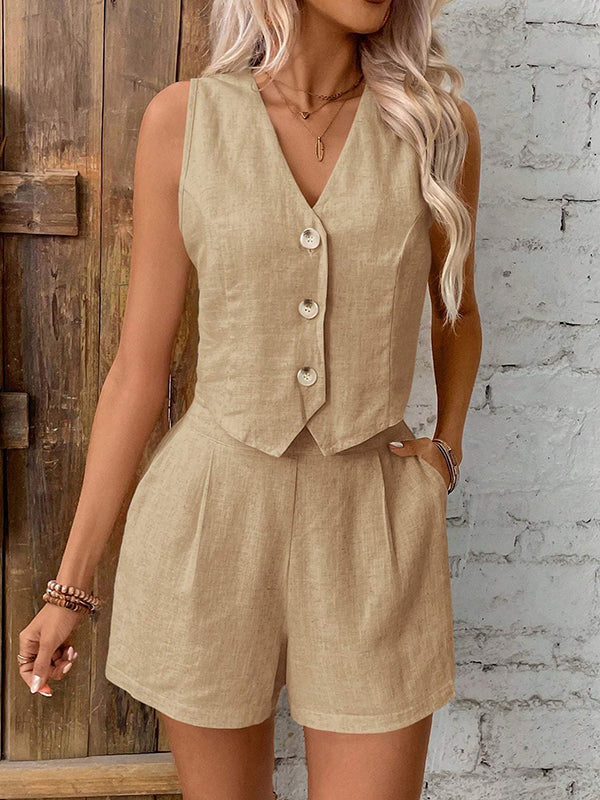 Sleeveless Split-Joint V-neck Vest + High Waisted Pleated Shorts Two Pieces Set