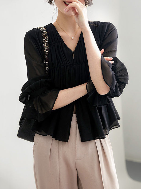 Pleated Solid Color Split-Front Flared Sleeves Long Sleeves V-Neck Blouses&Shirts Tops