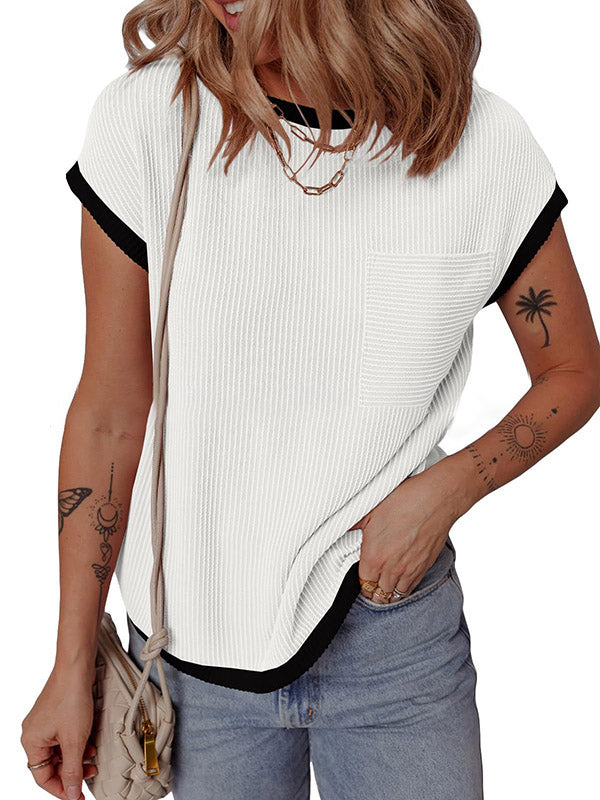 Colorful Contrast Color Pockets Loose Short Sleeves Round-neck T-Shirts Tops