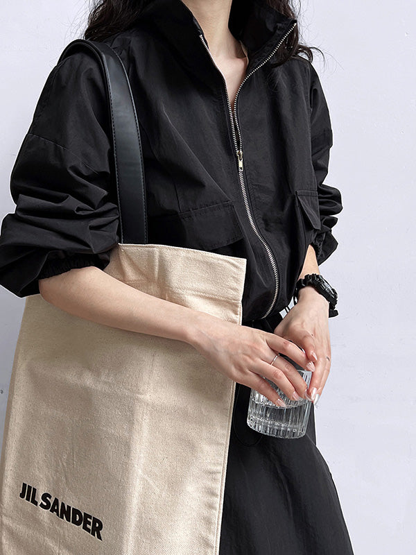 Solid Color Zipper Long Sleeves Loose Drawstring Elasticity Pockets Stand Collar Jacket Top + Split-Back Skirts Bottom Two Pieces Set