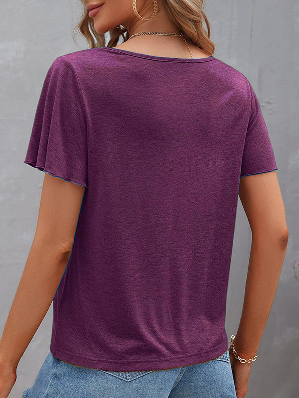 Hollow Solid Color Split-Joint Loose Plus Size V-Neck T-Shirts Tops