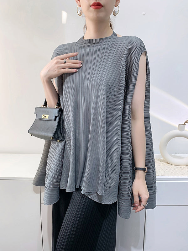 Pleated Solid Color Loose Sleeveless Halter-Neck T-Shirts Tops