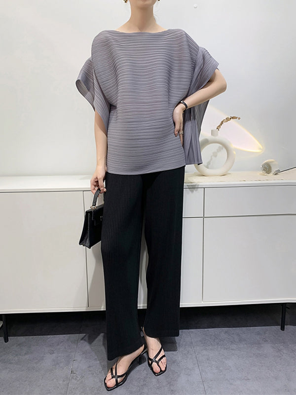 Pleated Solid Color Batwing Sleeves Loose Round-Neck T-Shirts Tops