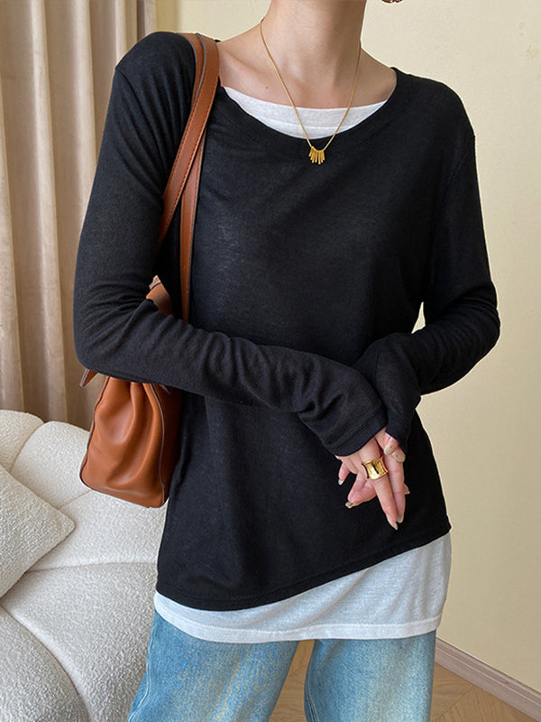 Asymmetric Contrast Color Split-Joint Fake Two-Piece Long Sleeves Round-Neck T-Shirts