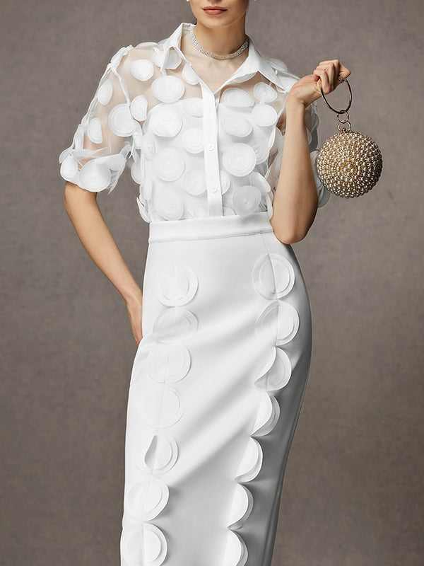 Gauze See-Through Split-Joint Loose Short Sleeves Lapel Blouses