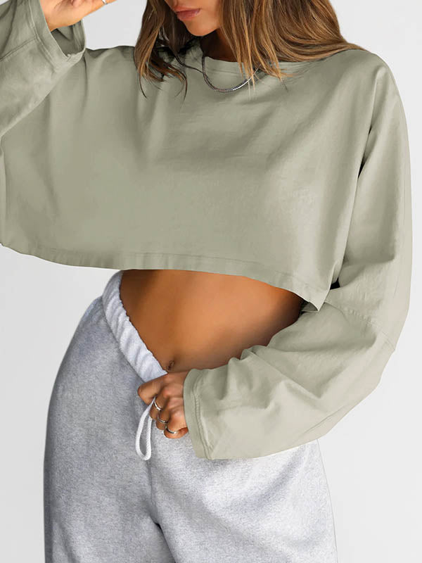 Solid Color Split-Joint Long Sleeves Loose Round-Neck Sweatshirt Tops