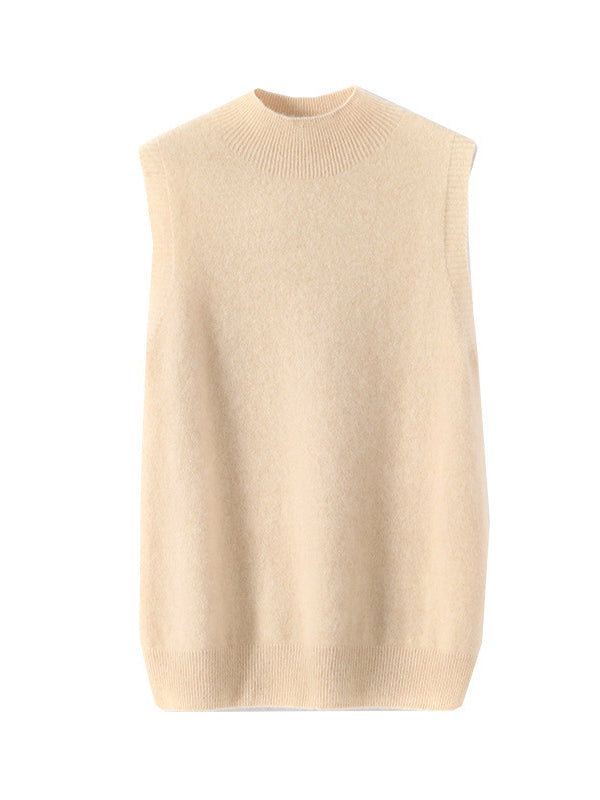 Stylish Wool Sleeveless Solid Color Half Turtleneck Vest Top