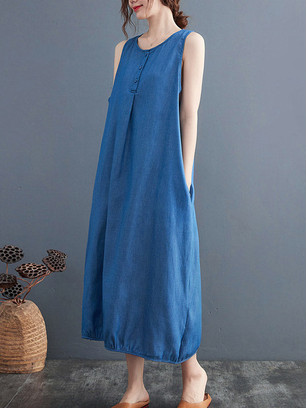 Simple Denim Blue Round-Neck Buttoned Sleeveless Midi Dress