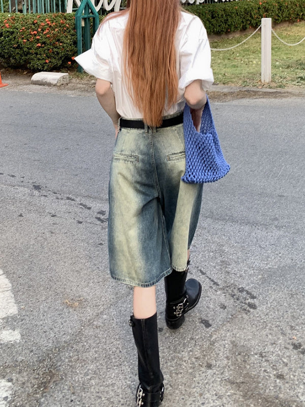 Gradient Split-Joint High Waisted Loose Shorts Half Pants Denim Shorts