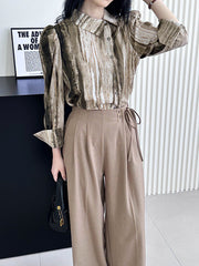Asymmetric Gradient Pleated Printed Loose Puff Sleeves Lapel Blouses