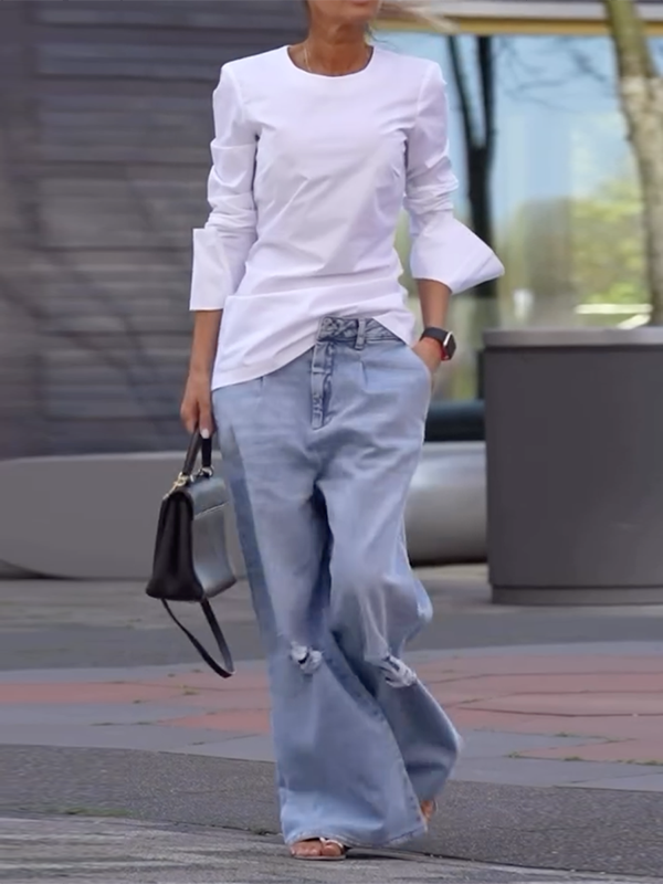 Solid Color Long Sleeves Loose Round-neck T-Shirts Tops
