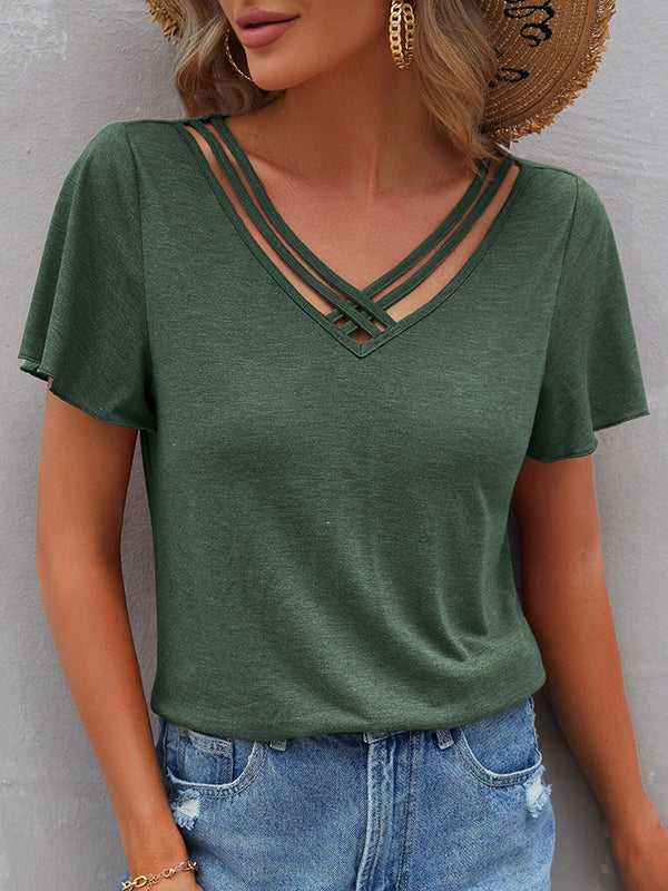Hollow Solid Color Split-Joint Loose Plus Size V-Neck T-Shirts Tops