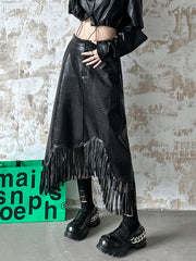 Asymmetric Buttoned Crocodile Texture Solid Color Tasseled A-Line Irregularity Skirts Bottoms
