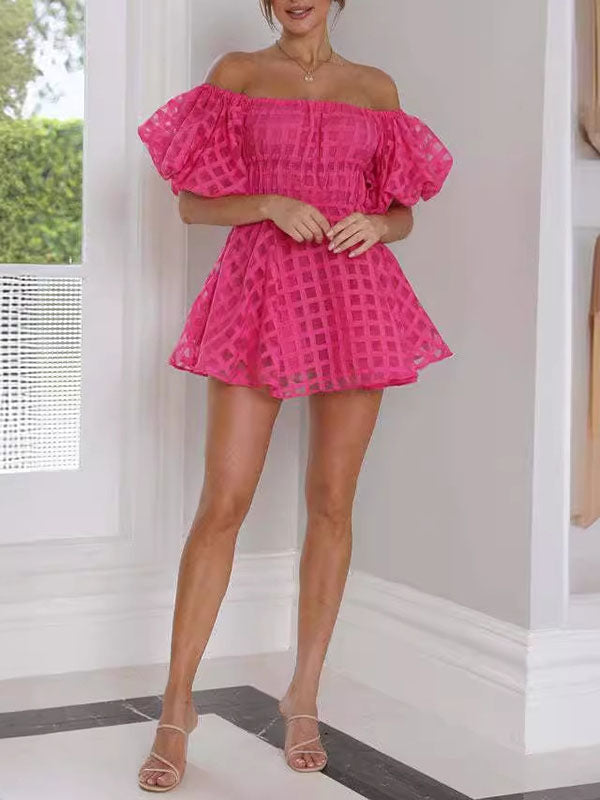 Elasticity Solid Color Split-Joint High Waisted Loose Off-The-Shoulder Mini Dresses