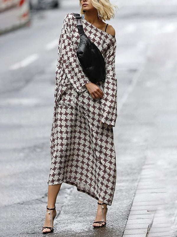 Printed Long Sleeves Loose Boat Neck Maxi Dresses