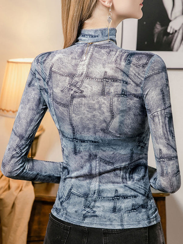 Printed Long Sleeves Plus Size High Neck T-Shirts Tops