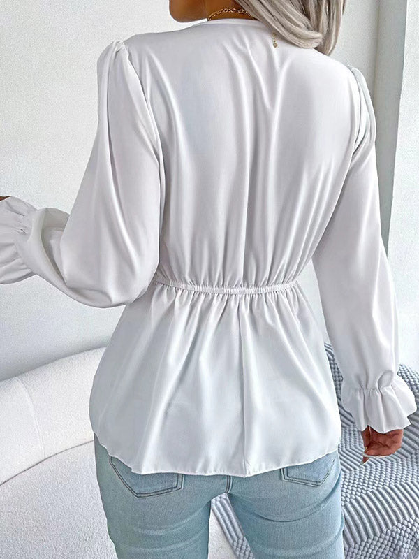 Drawstring Elasticity Split-Joint Flared Sleeves Long Sleeves V-Neck Blouses&Shirts Tops