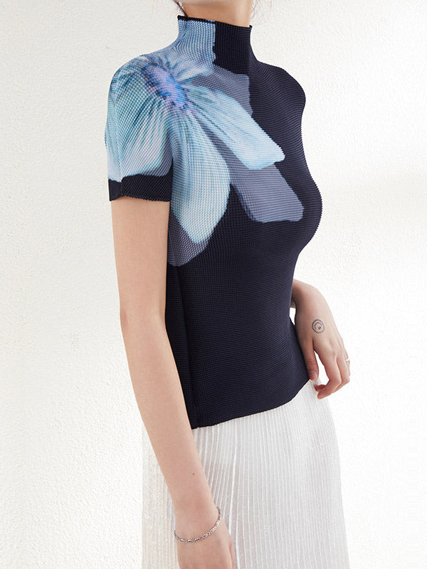 Flower Print Pleated Short Sleeves Mock Neck T-Shirts Tops
