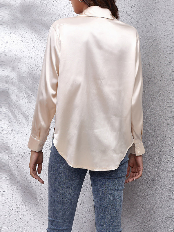 Solid Color Long Sleeves Loose Lapel Blouses