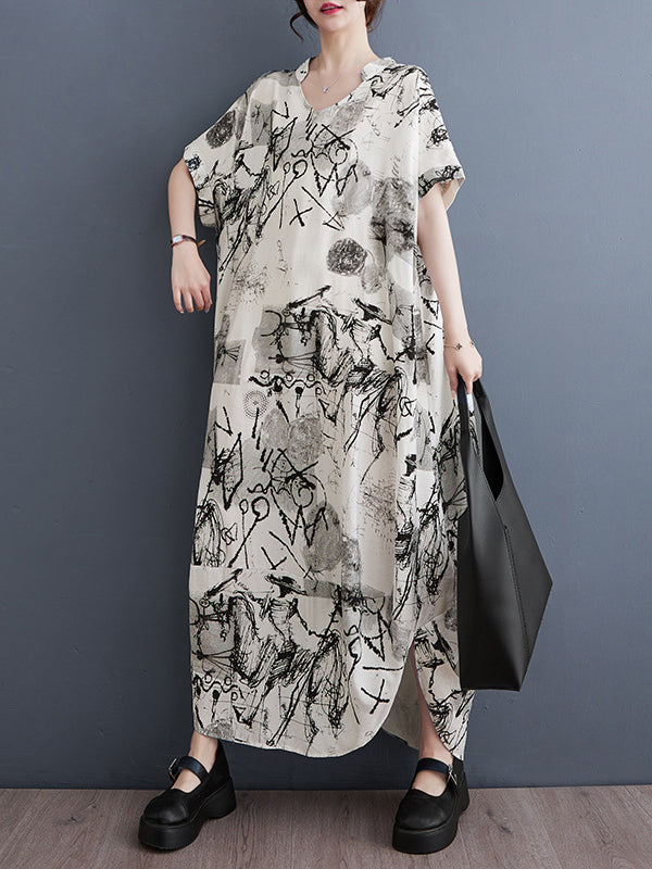 Printed Irregular clipping Loose V-neck Maxi Dresses