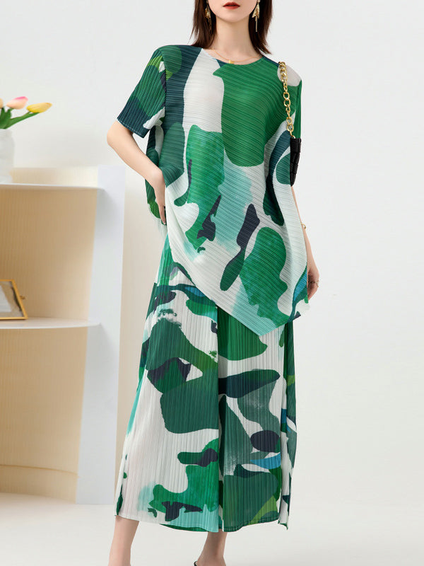 Original Loose Short Sleeves Contrast Color Printed Round-Neck T-Shirt Tops&Wide Legs Pants Two Pieces Set