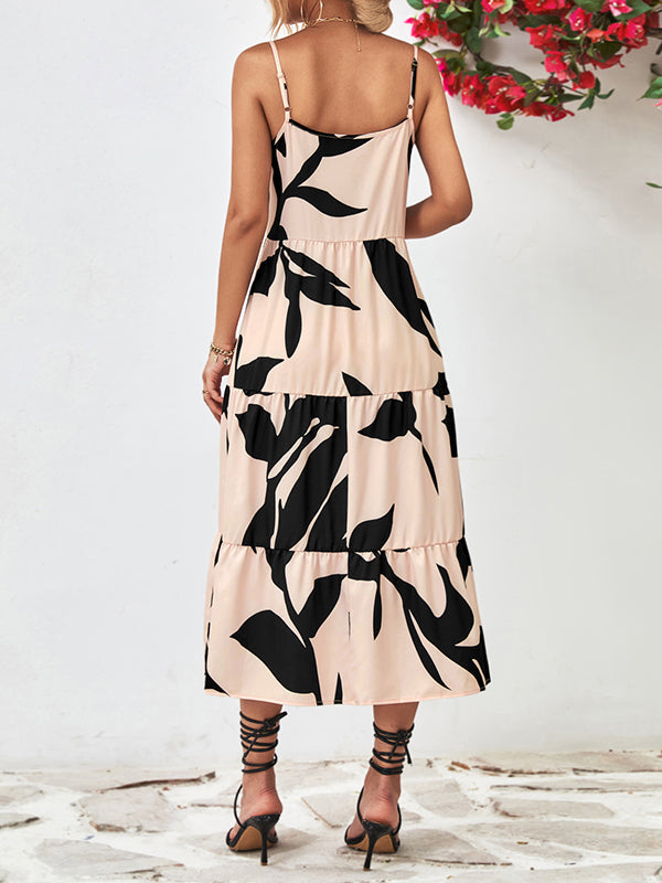 Contrast Color Floral Printed Loose Sleeveless Spaghetti-Neck Midi Dresses