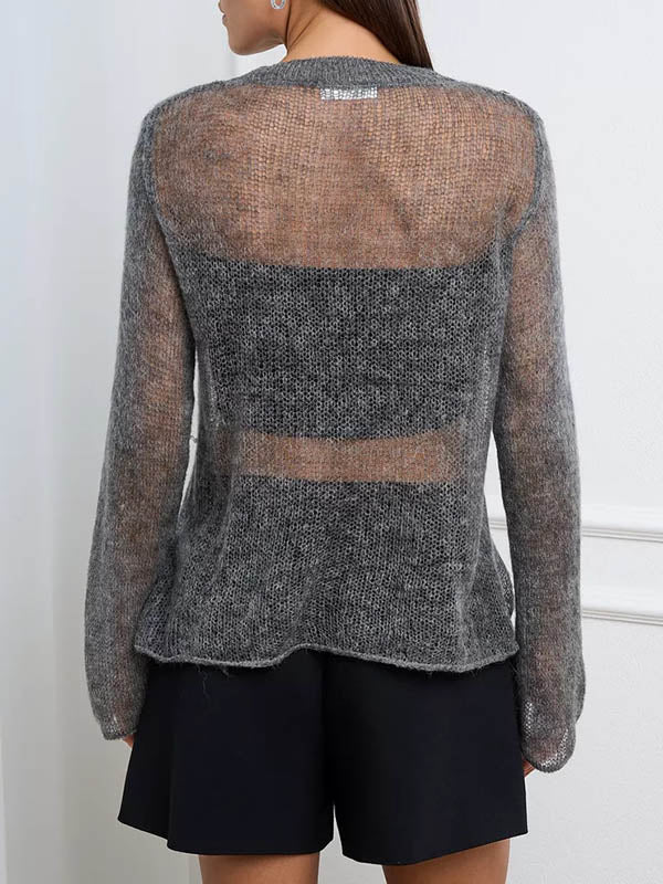 See-Through Solid Color Long Sleeves Loose Round-Neck Sweater Tops