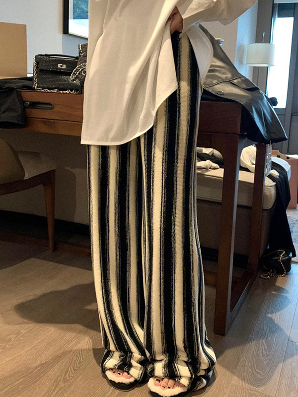 Contrast Color Drawstring Elasticity Split-Joint Striped Loose Wide Leg Trousers Pants