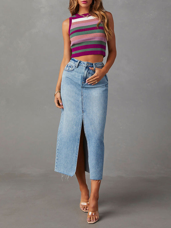 Fringed Pockets Split-Front A-Line High Waisted Skirts Bottoms
