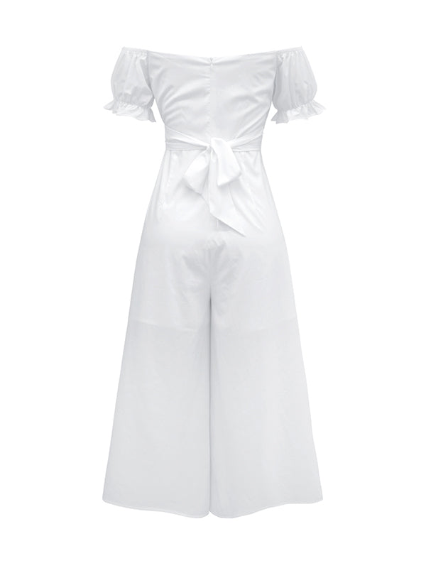 13 Colors Puff Sleeves Solid Color Cold Shoulder Wide Leg Jumpsuits