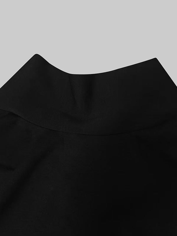 Buttoned Split-side Loose Puff Sleeves Mock Neck Maxi Dresses