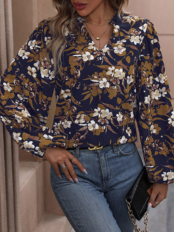 Flower Print Long Sleeves Loose V-Neck Blouses&Shirts Tops